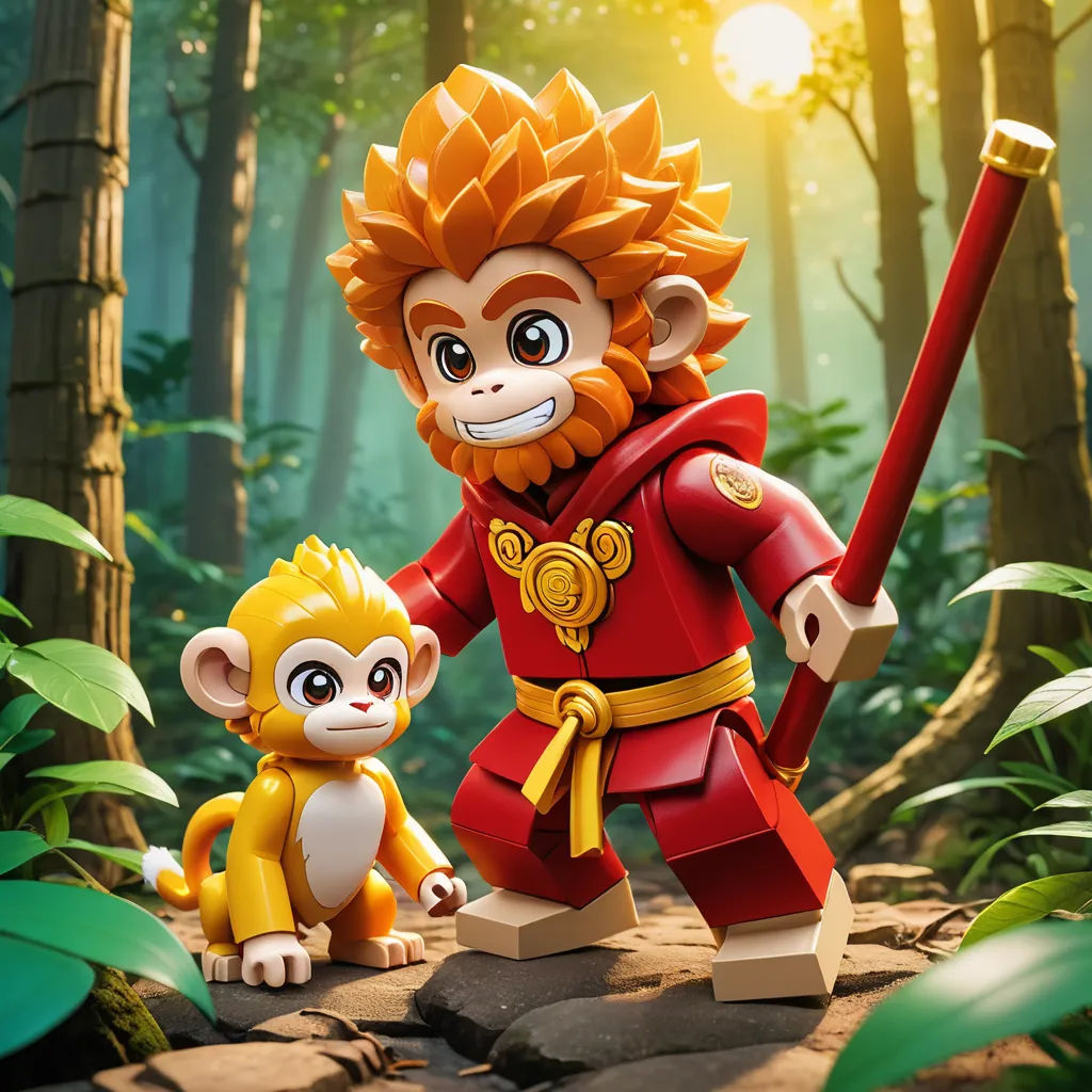 a lego monkey and a monkey in the woods with a sword and a monkey toy in front of them, dau-al-set, a character portrait, Dai Jin, promotional image