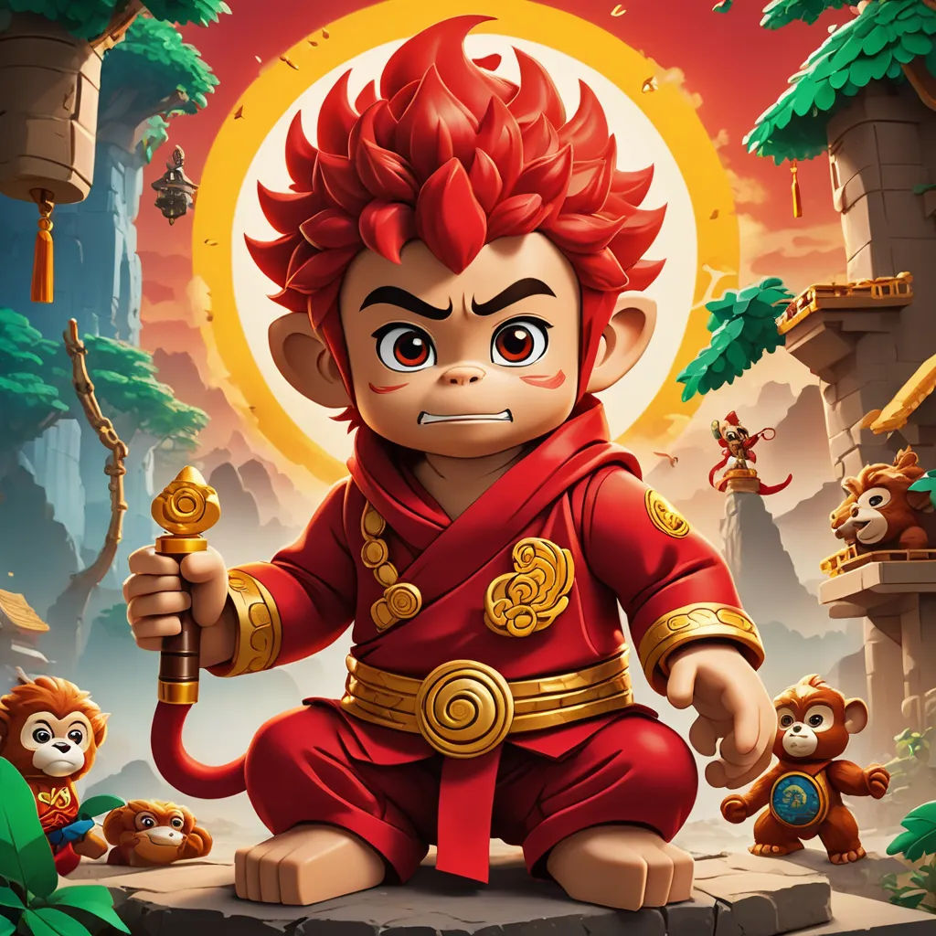 a monkey with red hair and a red outfit holding a sword in front of a jungle background with monkeys, sots art, poster art, Du Jin, 2 d game art