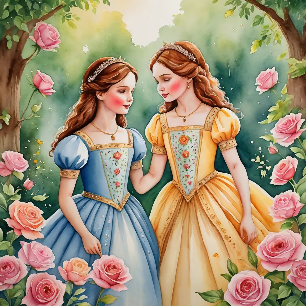 two girls in dresses standing next to each other in a forest with roses and roses around them, one of them is holding the other's hand, naive art, a storybook illustration, Arthur Hughes, storybook illustration