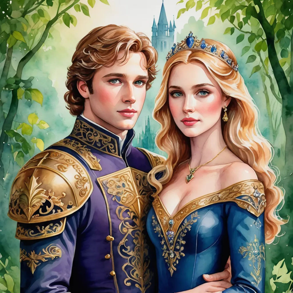 a painting of a man and woman in medieval dress standing next to each other in front of a forest, fantasy art, a detailed painting, Edwin Georgi, highly detailed oil painting
