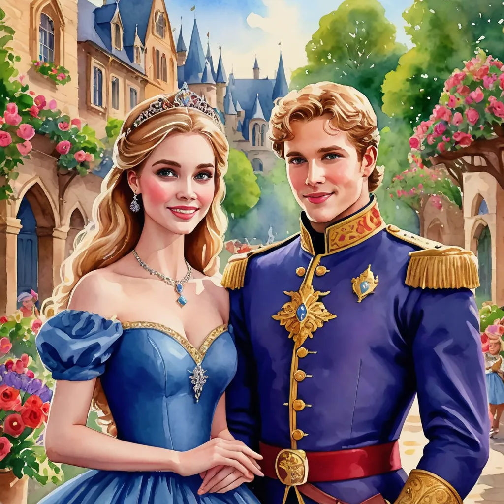 a painting of a man and woman in a blue dress standing next to each other in front of a castle, magical realism, a storybook illustration, disney, official art