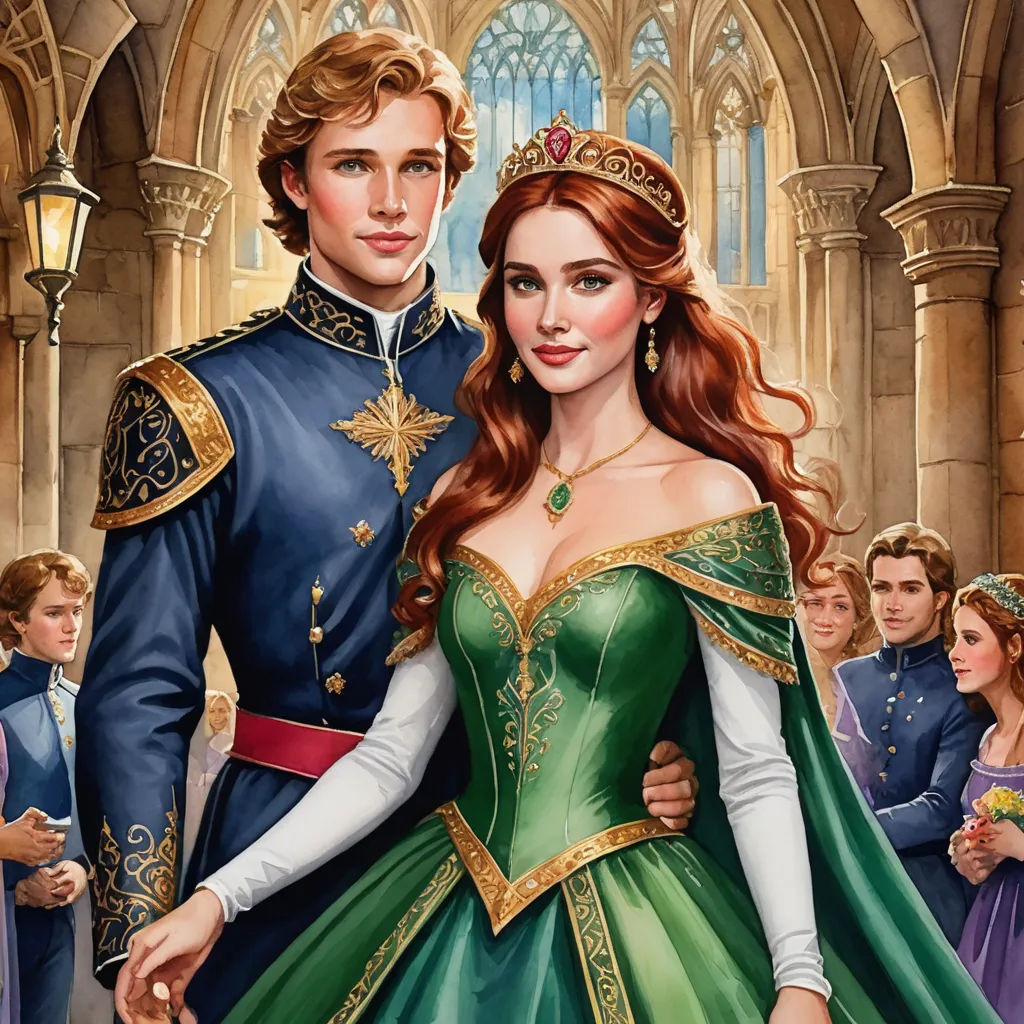 a painting of a man and woman dressed in medieval clothing, standing next to each other in front of a castle, sots art, a detailed painting, Florence Engelbach, official art