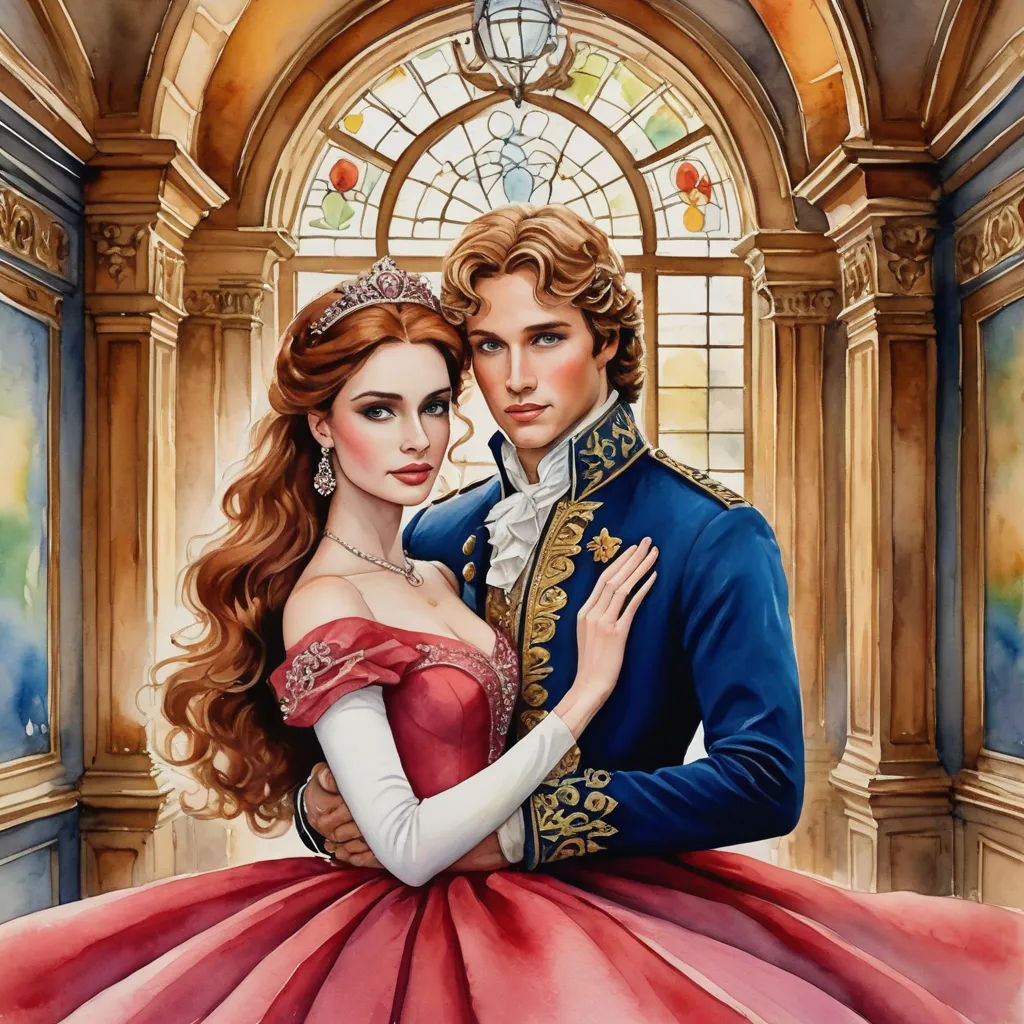 a painting of a man and woman in a red dress hugging each other in front of a window with stained glass, sots art, a detailed painting, Drew Struzan, highly detailed oil painting