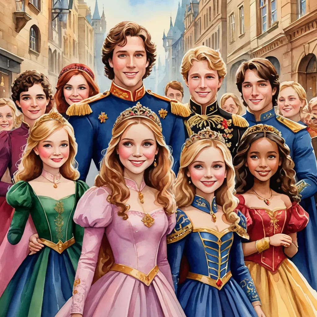a group of people in princess dresses standing in front of a castle with a man in a blue suit, magical realism, a storybook illustration, disney, official art