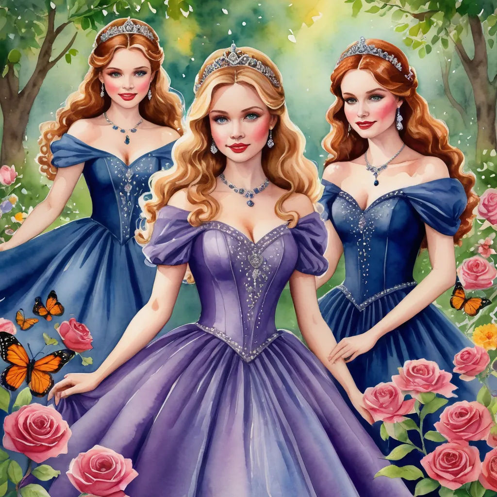 a painting of two women in dresses standing in a garden with roses and butterflies around them, one of them is wearing a tiara, fantasy art, a storybook illustration, Arthur Hughes, highly detailed digital painting