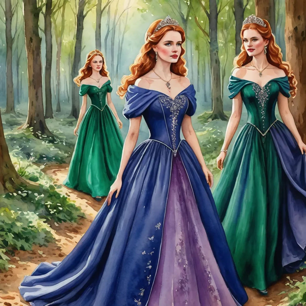 a painting of a woman in a dress in the woods with two other women in dresses behind her,, fantasy art, a storybook illustration, Brothers Hildebrandt, official art
