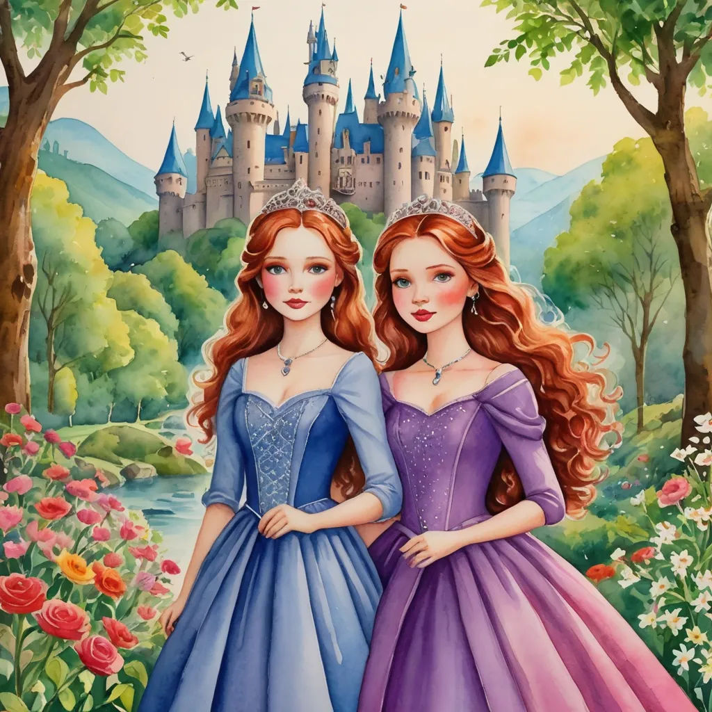 two girls in dresses standing in front of a castle with a castle in the background and flowers in the foreground, gothic art, a storybook illustration, disney, kinkade