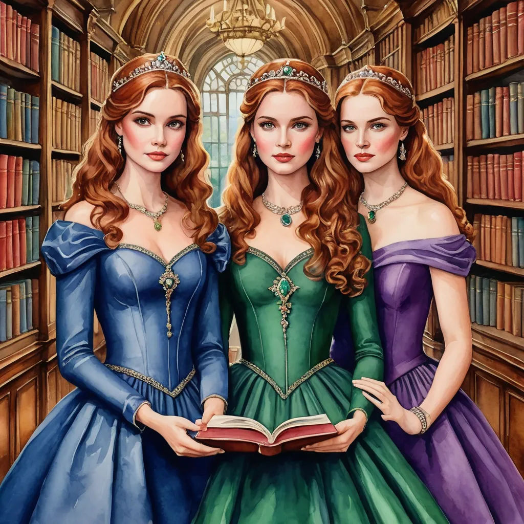 three women in dresses are standing in a library with books in their hands and one is reading a book, fantasy art, a storybook illustration, Arthur Hughes, highly detailed digital painting