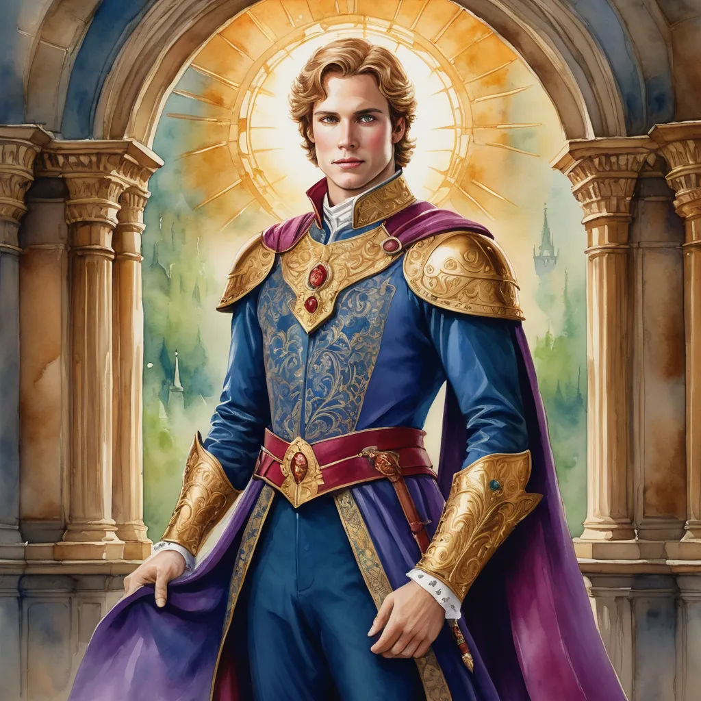 a painting of a man in a blue and gold outfit with a sword in his hand and a halo around his neck, pre-raphaelitism, a detailed painting, Donato Giancola, official art