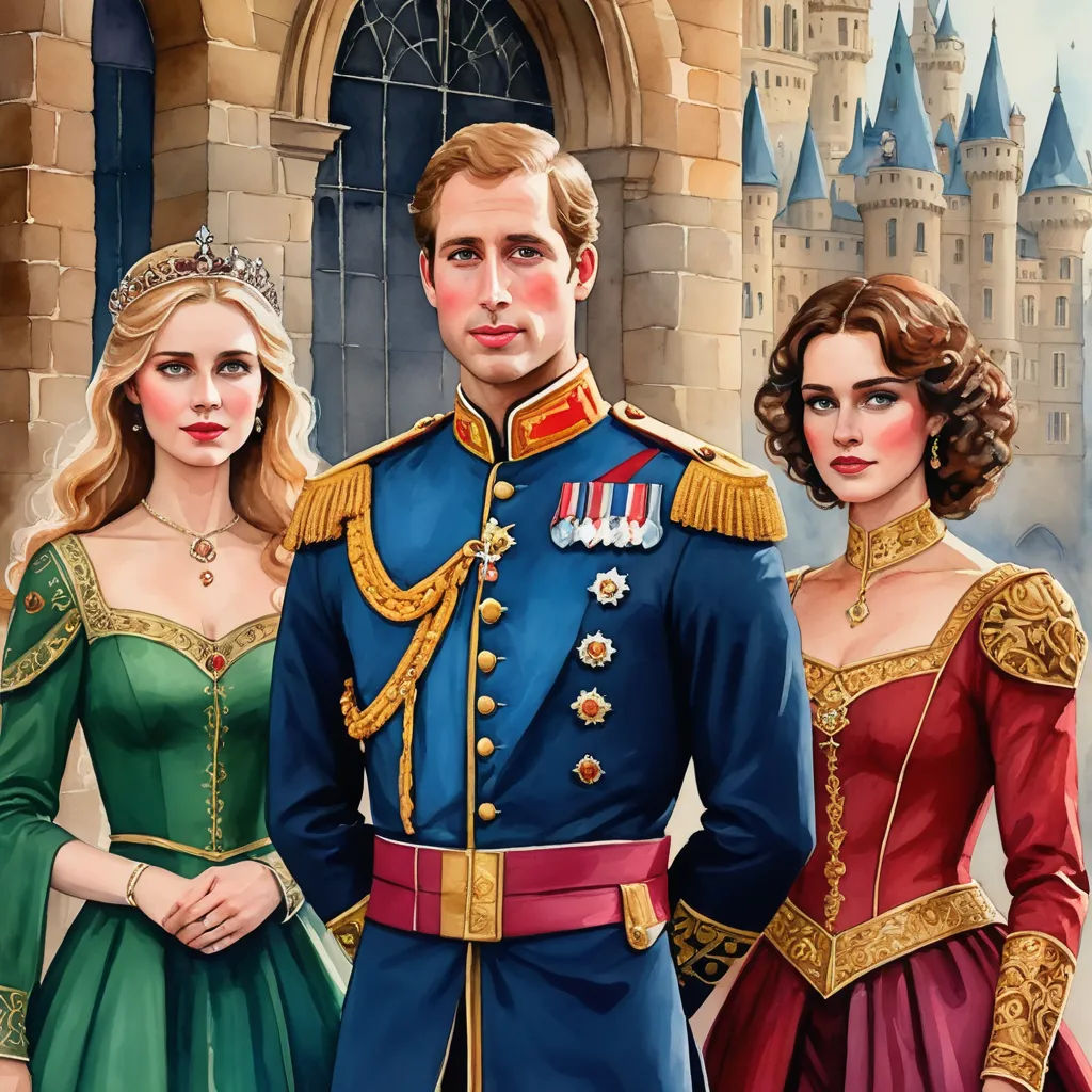 a painting of a man and woman in formal dress standing in front of a castle with a man in a blue uniform, sots art, a storybook illustration, Charles Bird King, highly detailed digital painting