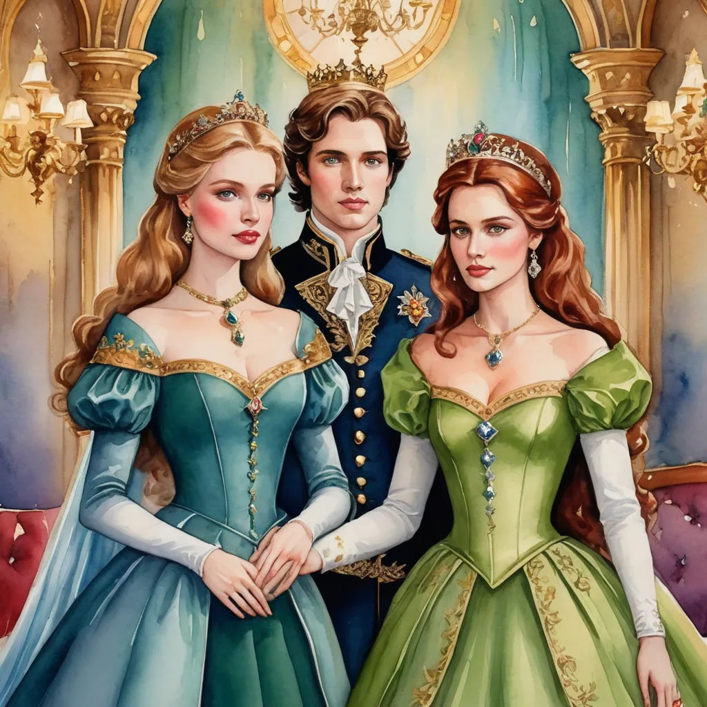 a painting of a couple in renaissance dress standing next to each other in front of a chandelier, fantasy art, a storybook illustration, disney, official art
