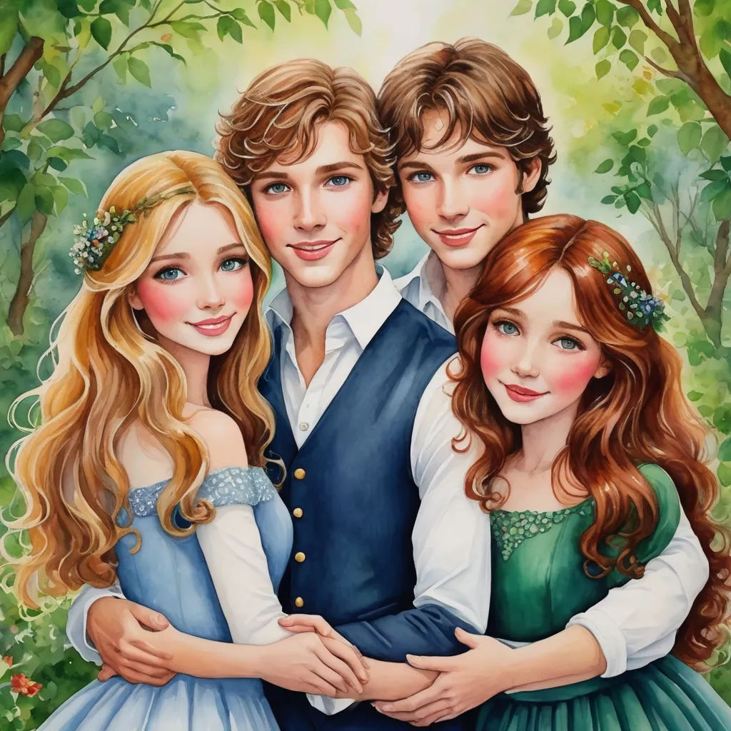 a painting of a couple and their daughter hugging each other in a forest with trees and flowers in the background, fantasy art, a storybook illustration, Arthur Hughes, kinkade