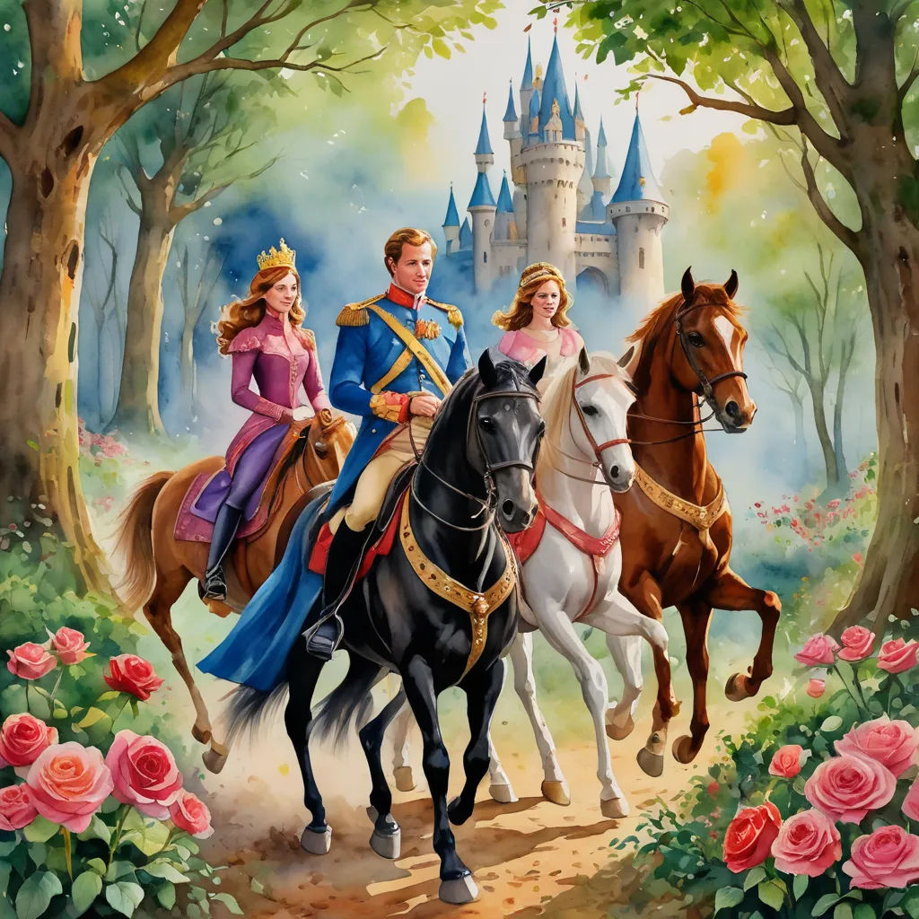 a painting of a man and woman riding horses in front of a castle with roses in the foreground, magical realism, a storybook illustration, disney, official art