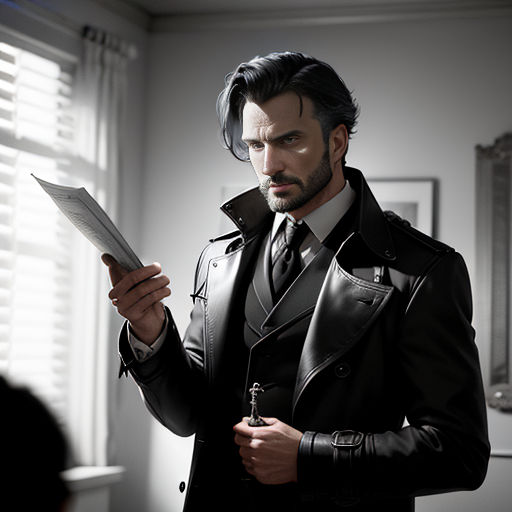 a man in a black jacket and tie holding a piece of paper in his hand and looking at something