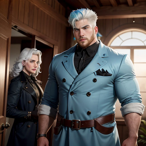 a man and a woman in blue outfits standing in a room with a door and a window behind them