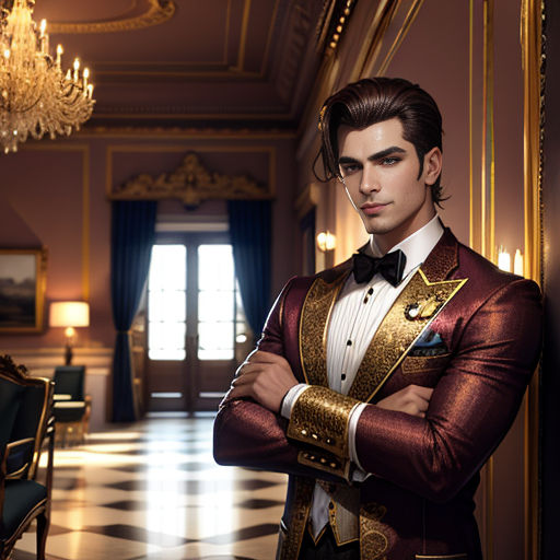 a man in a suit standing in a room with a chandelier and a chandelier hanging from the ceiling