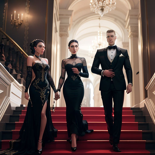 a man and a woman in formal wear standing on a red carpeted staircase with a chandelier