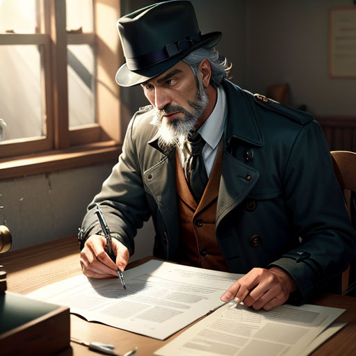 a man in a top hat and coat writing on a piece of paper with a pen and a pipe