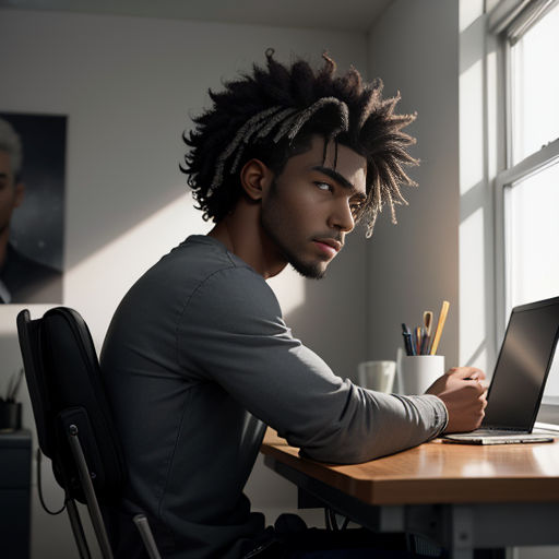 a man with dreadlocks sitting at a desk with a laptop and a cup of coffee in front of him