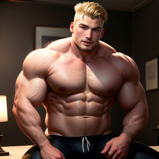 a man with a muscular body sitting on a bed in a room with a lamp on the side of the bed