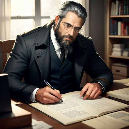 a man in a suit and tie sitting at a table with a pen and paper in his hand and a book in front of him