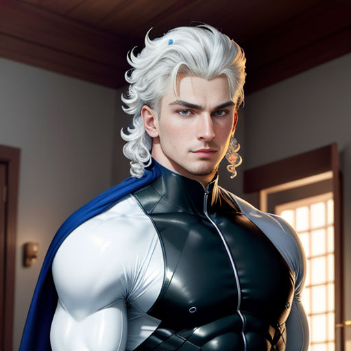 a man dressed as a superhero with white hair and a cape on his head and a black and white outfit