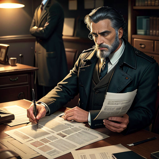 a man in a suit sitting at a desk with papers and a pen in his hand and another man in a suit standing behind him