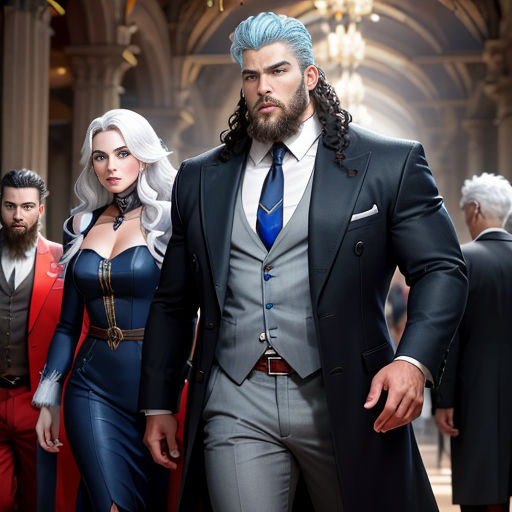 a man in a suit and a woman in a dress are walking in a line of other men in suits