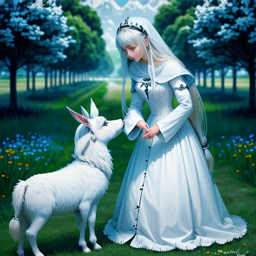 a painting of a woman in a white dress petting a white dog in a field of flowers and trees
