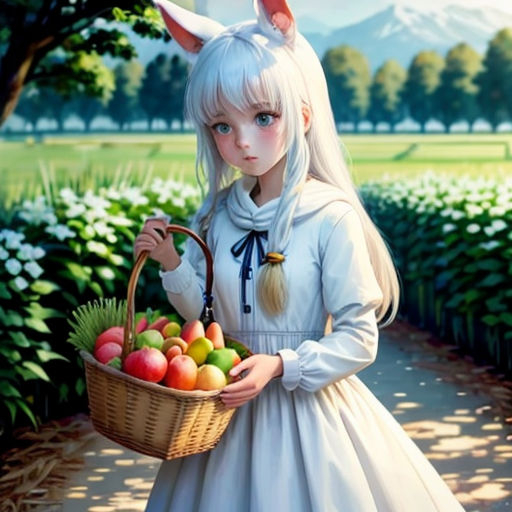 a girl in a white dress holding a basket of fruit in a field with mountains in the background and a dog in the foreground