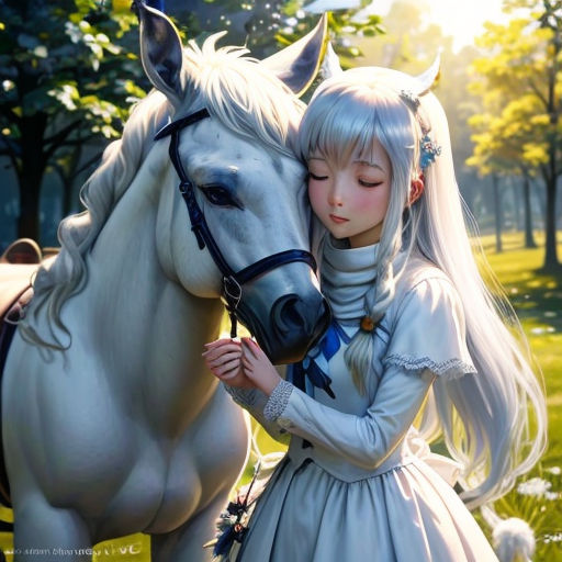 a girl in a white dress hugging a white horse in a park with trees and grass in the background