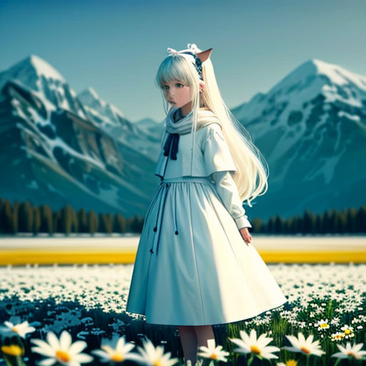 a girl in a white dress standing in a field of daisies with mountains in the background and a sky with clouds