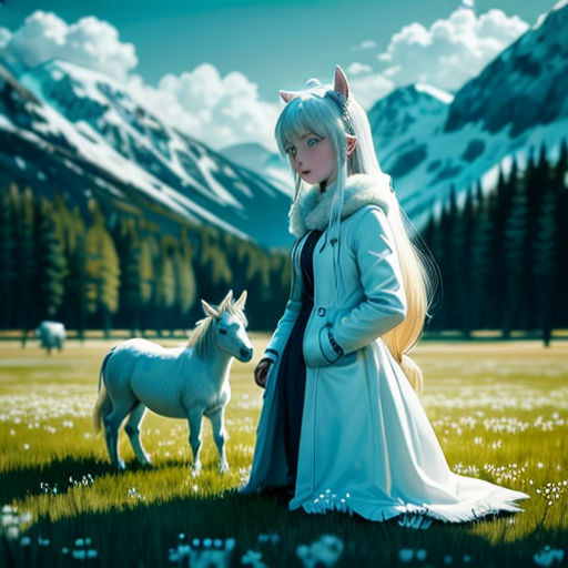 a woman in a white dress and a horse in a field with mountains in the background and a sky with clouds