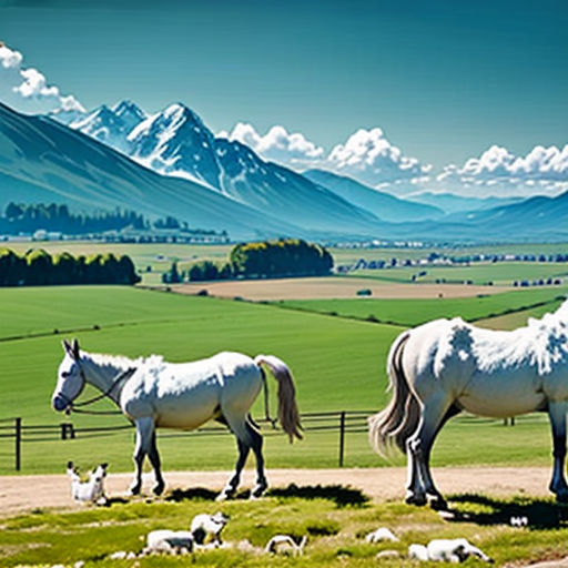 a couple of white horses standing on top of a lush green field next to a dog and sheep on a dirt road