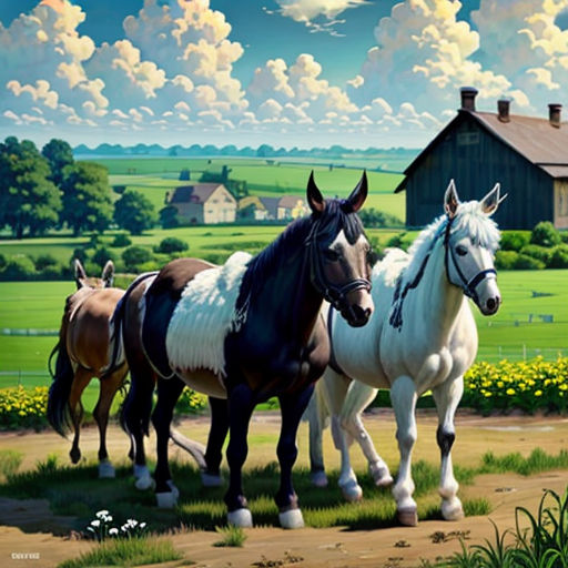 three horses are standing in a field near a barn and a barn house with a sky background and clouds