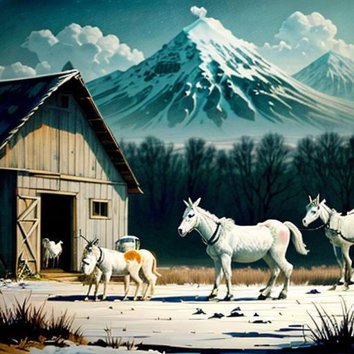 a painting of horses in a snowy field with a barn and mountain in the background with snow on the ground