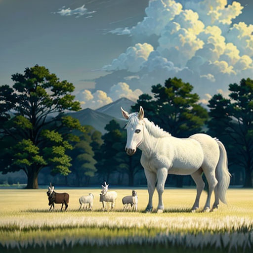 a white horse standing in a field with other animals around it and a sky with clouds above it and a mountain in the distance