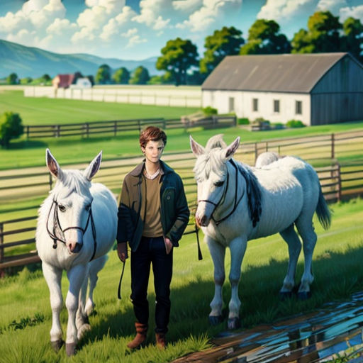 a painting of a man standing next to two horses in a field with a barn in the background and a woman standing next to them