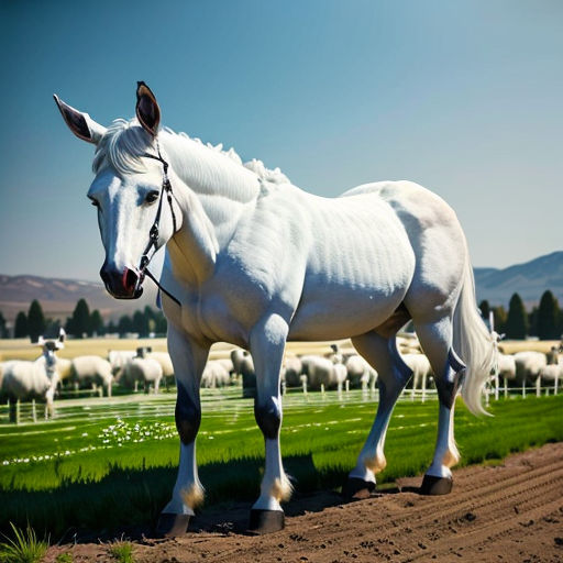a white horse standing in a field of sheep in the background is a blue sky and a few white sheep