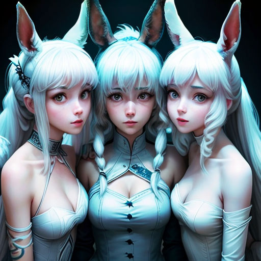 three anime girls with white hair and white hair are posing for a picture together, with long white hair and ears