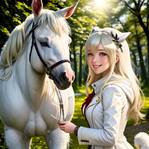 a woman standing next to a white horse in a forest with trees and grass behind her, with a white horse in the background