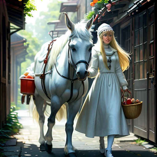 a girl in a white dress is walking a horse down a street with a basket of fruit in her hand