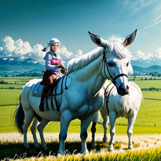 a woman riding on the back of a white horse in a field of green grass with mountains in the background