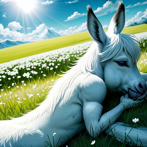 a white horse laying on top of a lush green field of grass and flowers on a sunny day with a blue sky