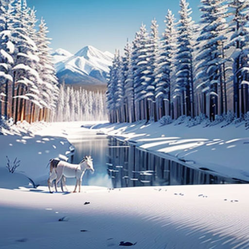 a white horse standing in the snow next to a lake and trees with snow on them and a mountain in the background