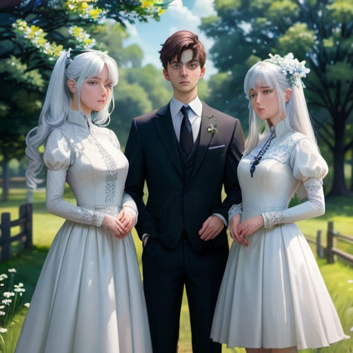a couple of people standing next to each other in a field of grass and flowers with trees in the background