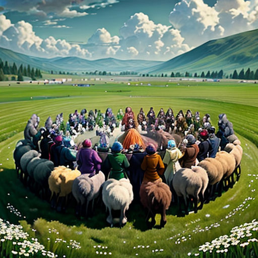 a painting of a group of people standing in a circle of sheep in a field with mountains in the background