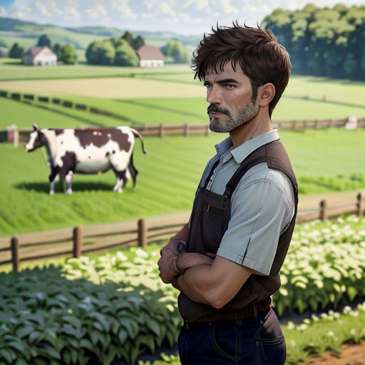 a man standing in front of a painting of a cow in a field of grass and flowers with a fence