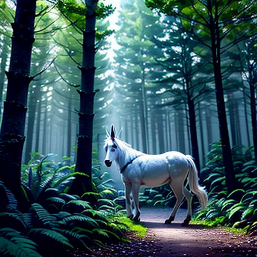 a white horse standing in the middle of a forest with trees and ferns on the ground and a path leading to it