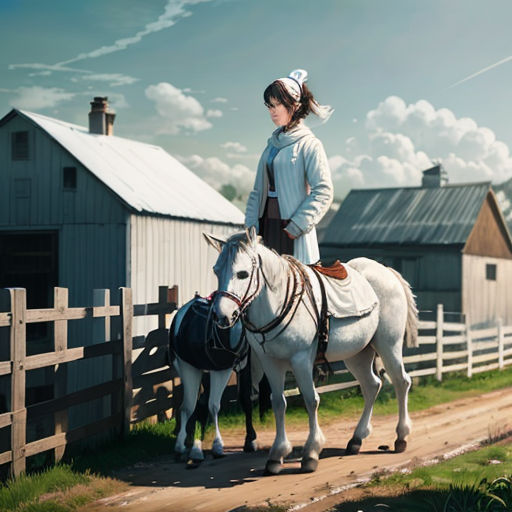 a woman riding a horse next to a white horse on a dirt road near a barn and a fence